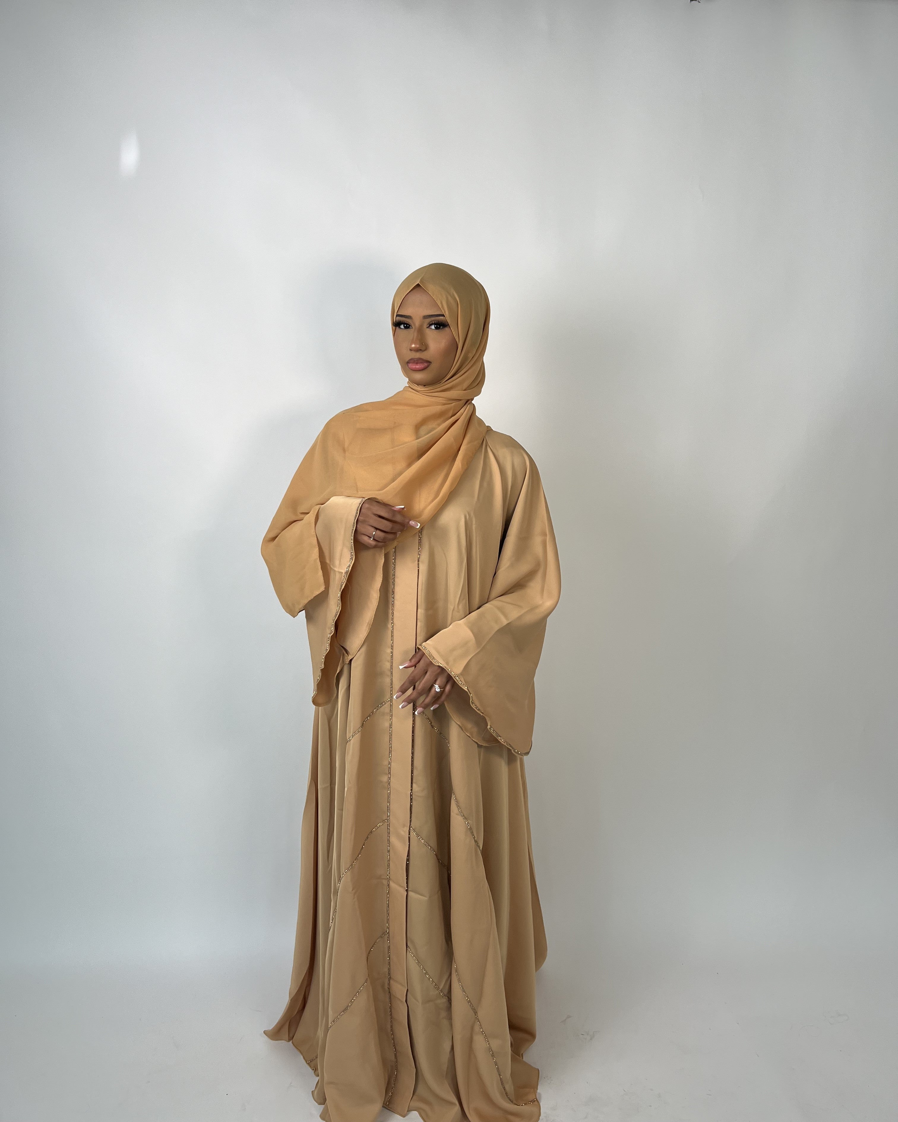 Embellished 3pc Button Butterfly Abaya Beige