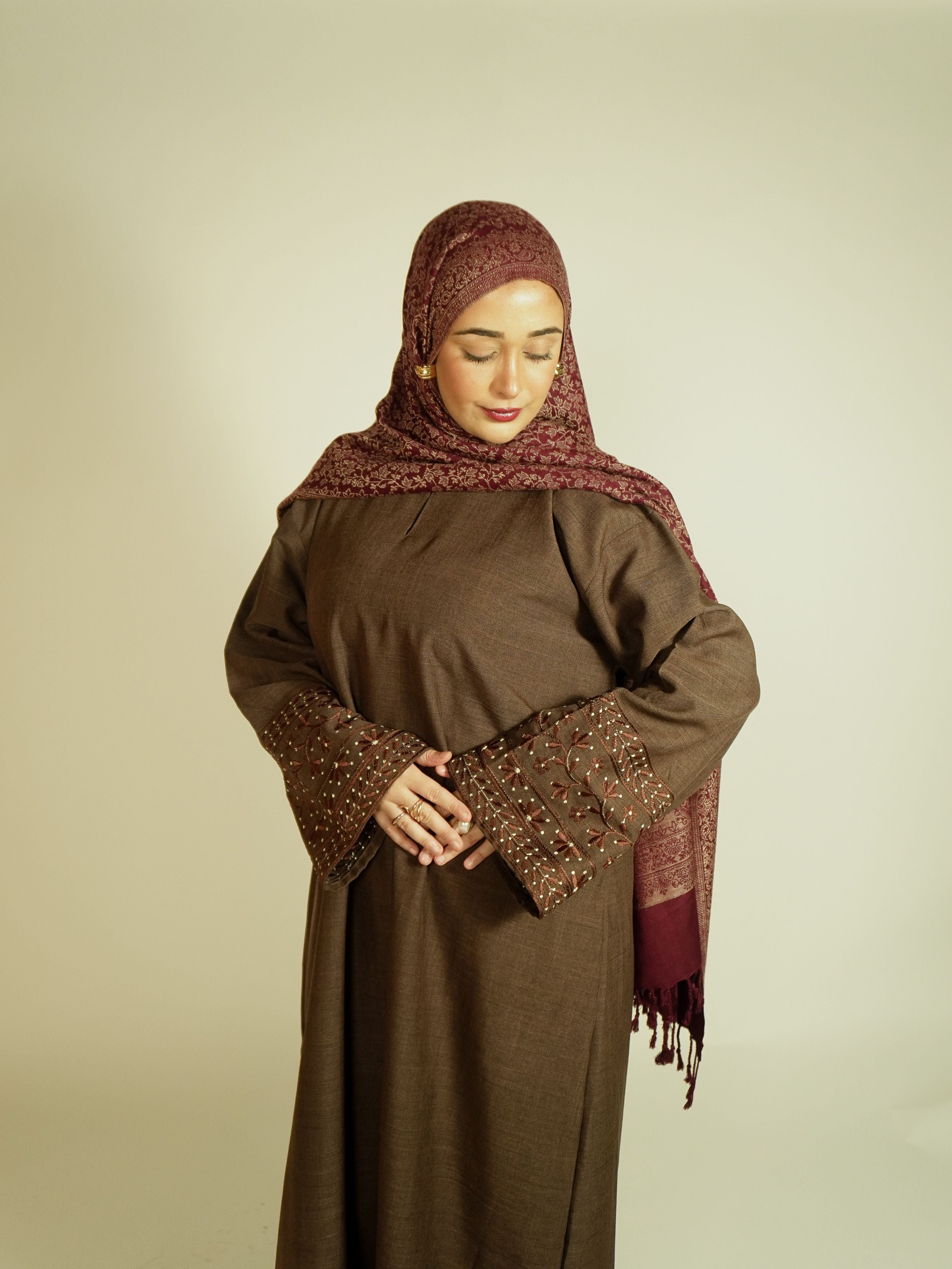 Cocoa Linen Embroidered Abaya