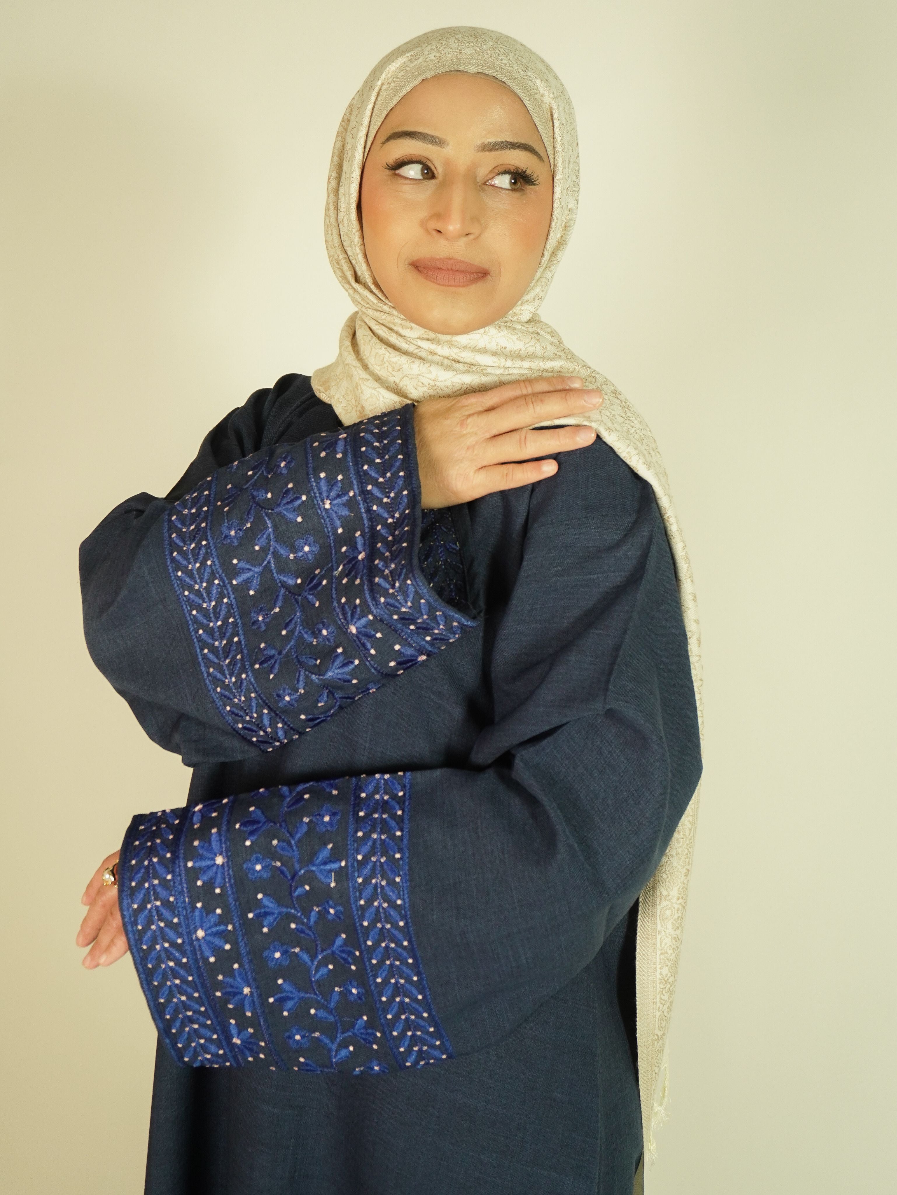 Berry Blue Linen Embroidered Abaya