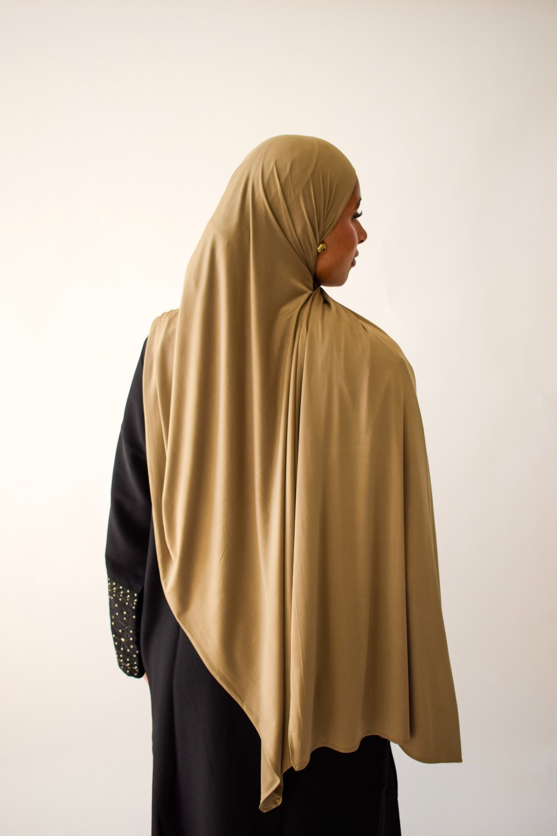 Cappuccino liquid jersey hijab draped and styled
