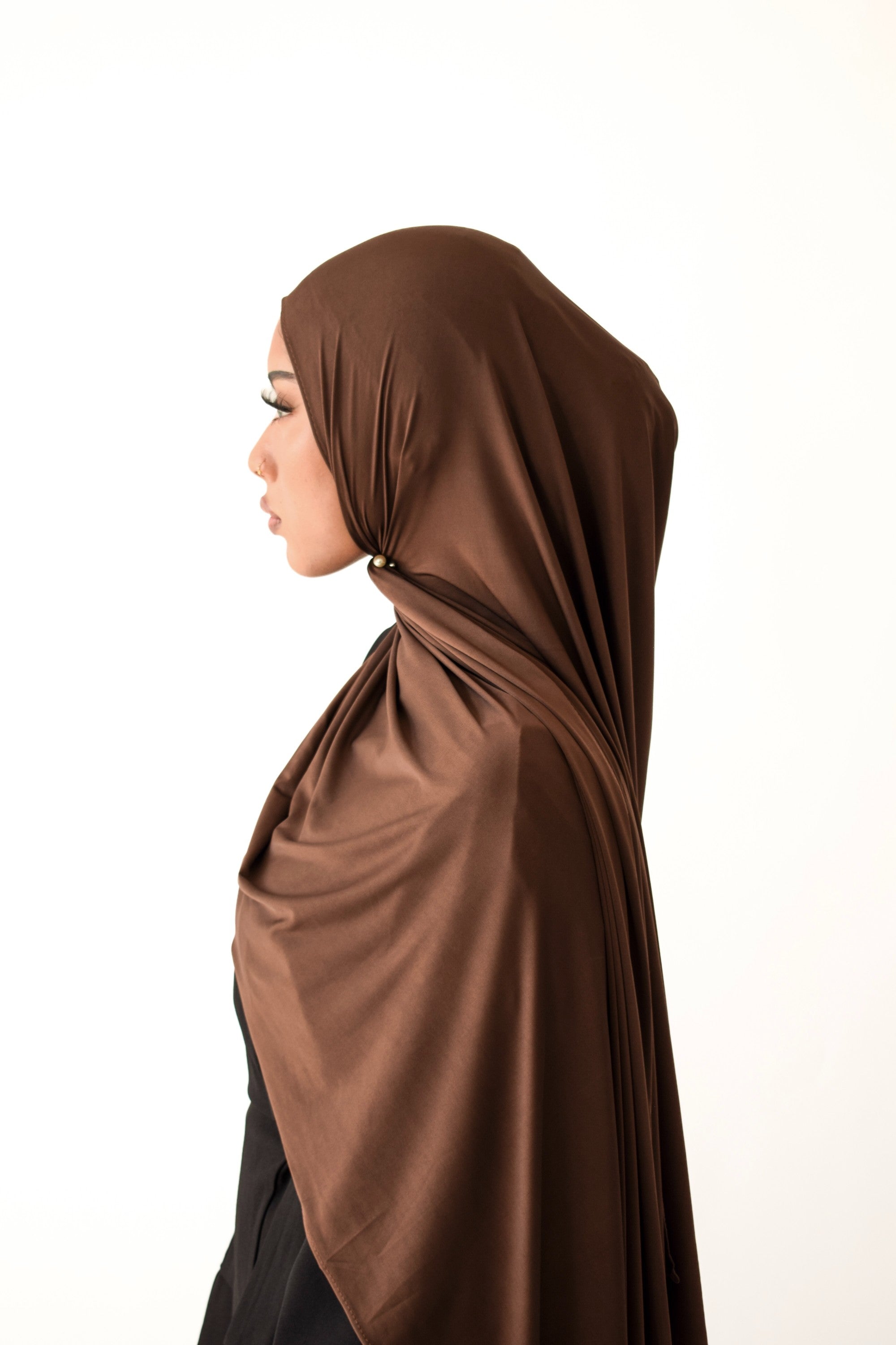 Espresso liquid jersey hijab draped and styled