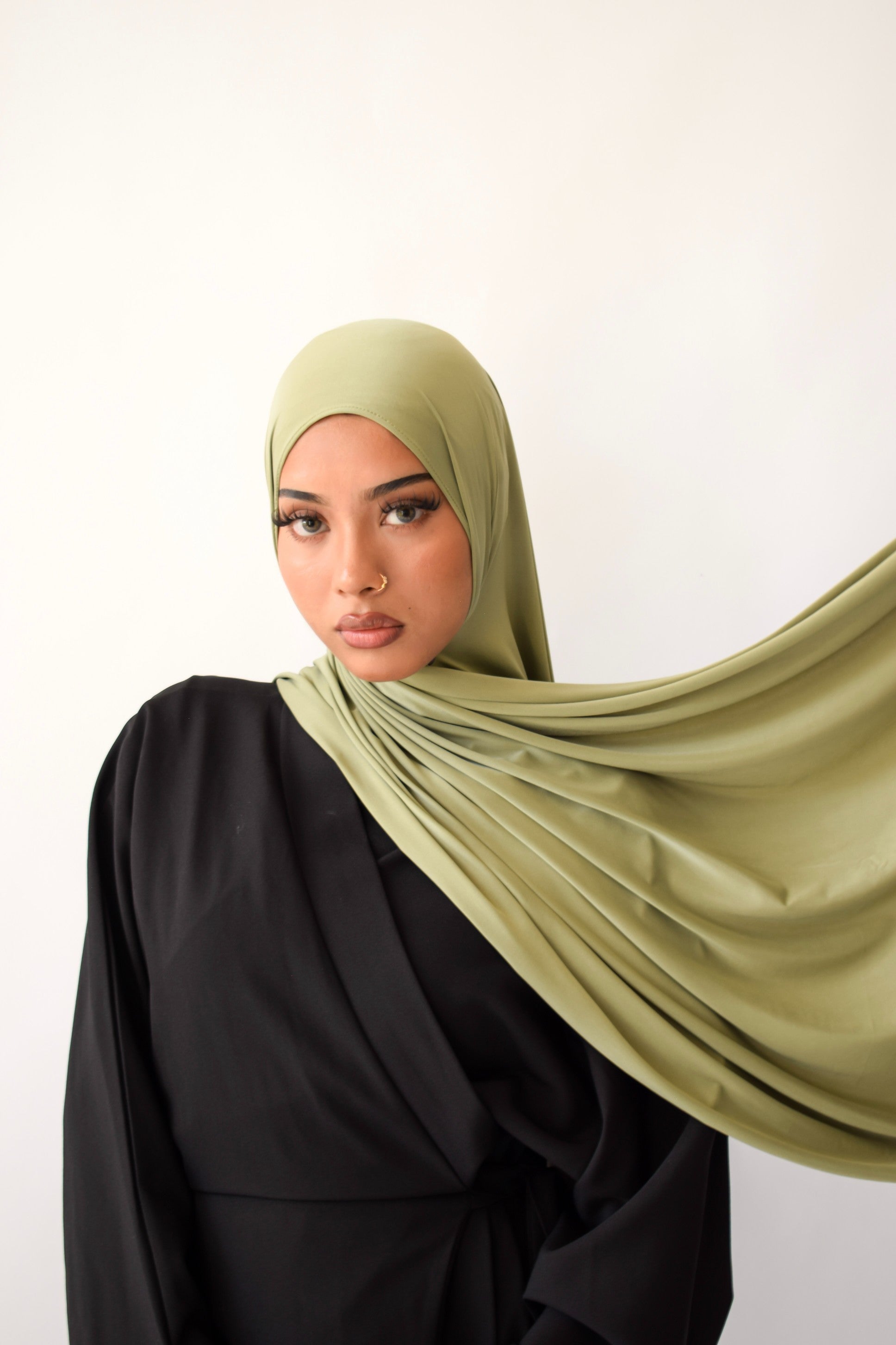 Dew liquid jersey hijab draped and styled