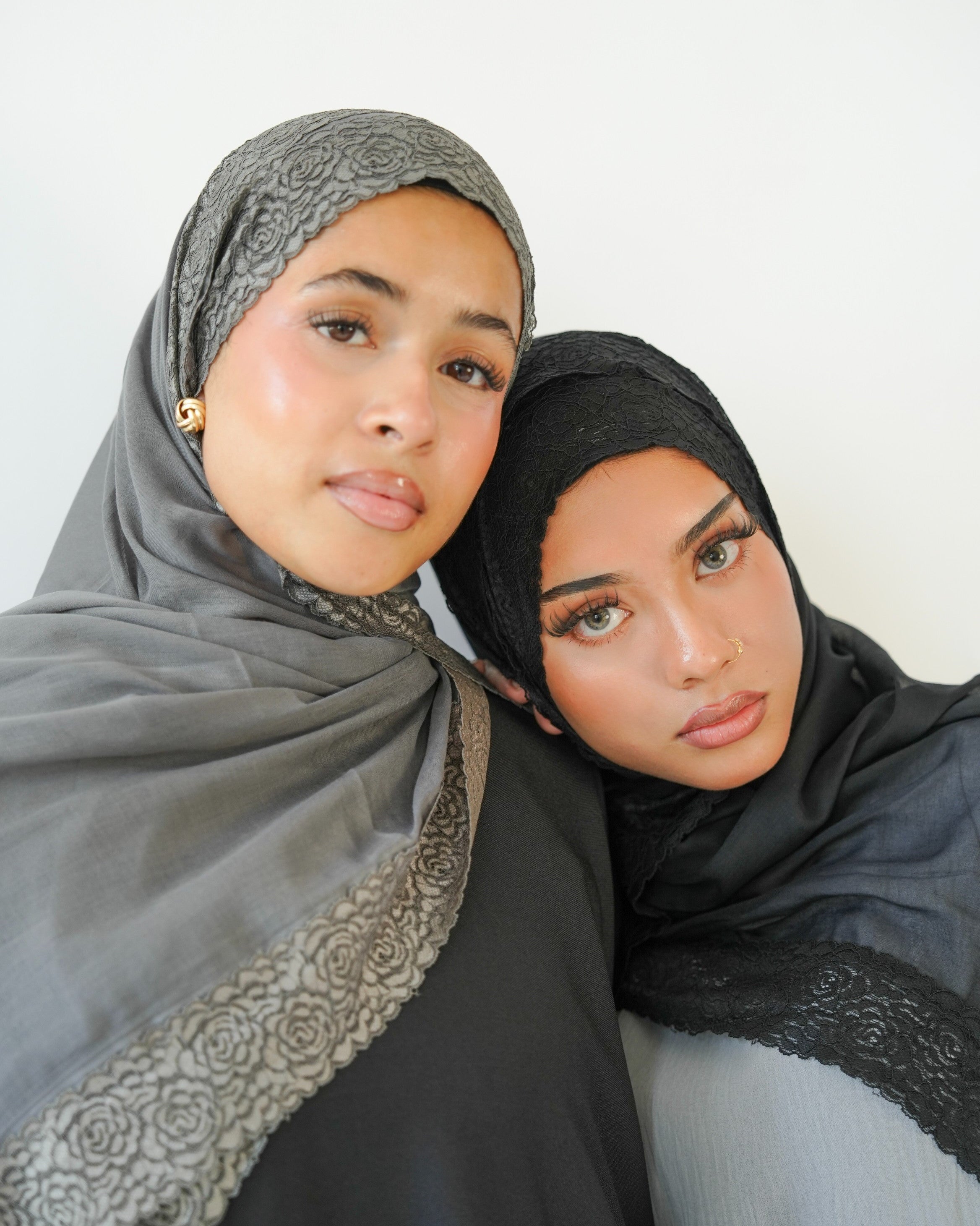 Steel grey soft lace modal hijab