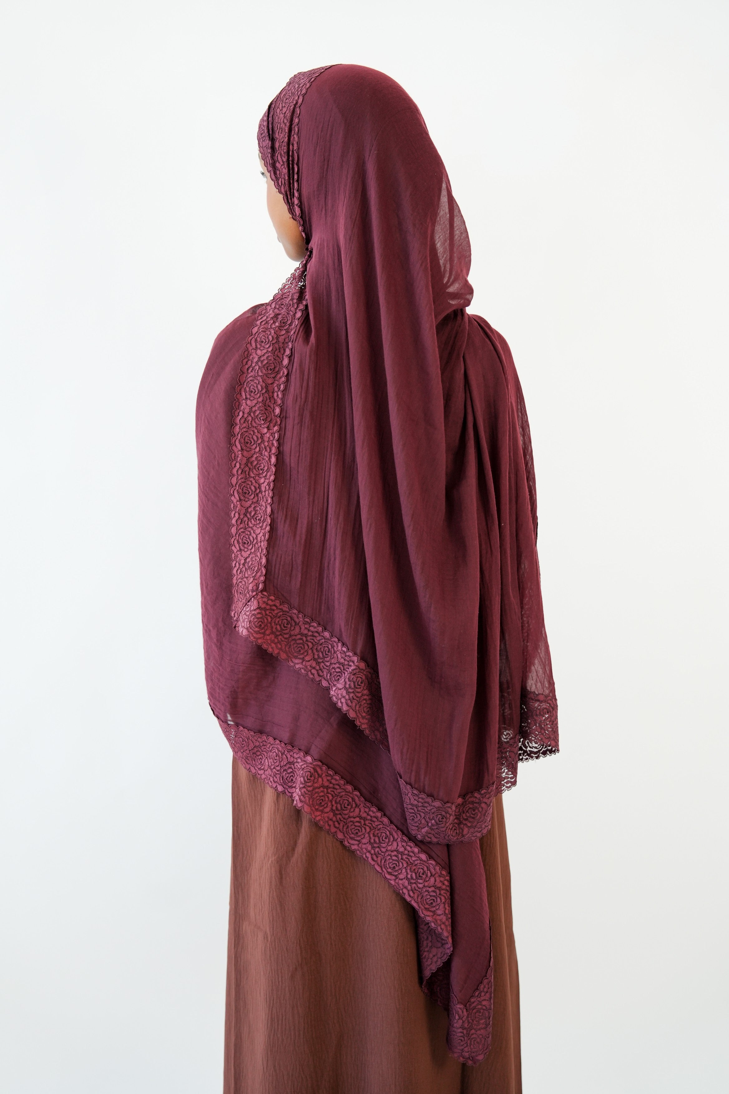 Mulberry lace modal hijab draped and styled
