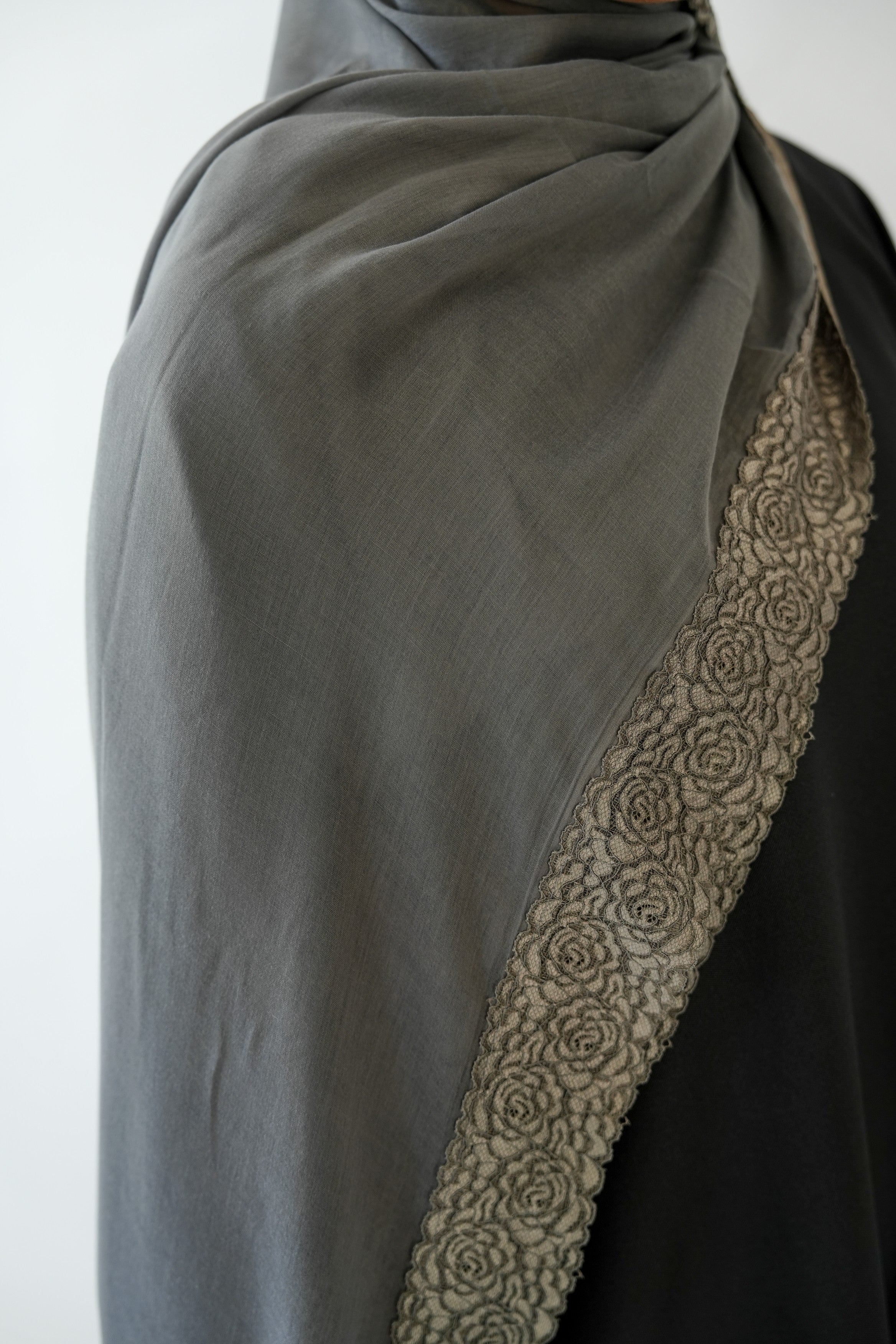 Steel grey lace modal hijab with lace trim