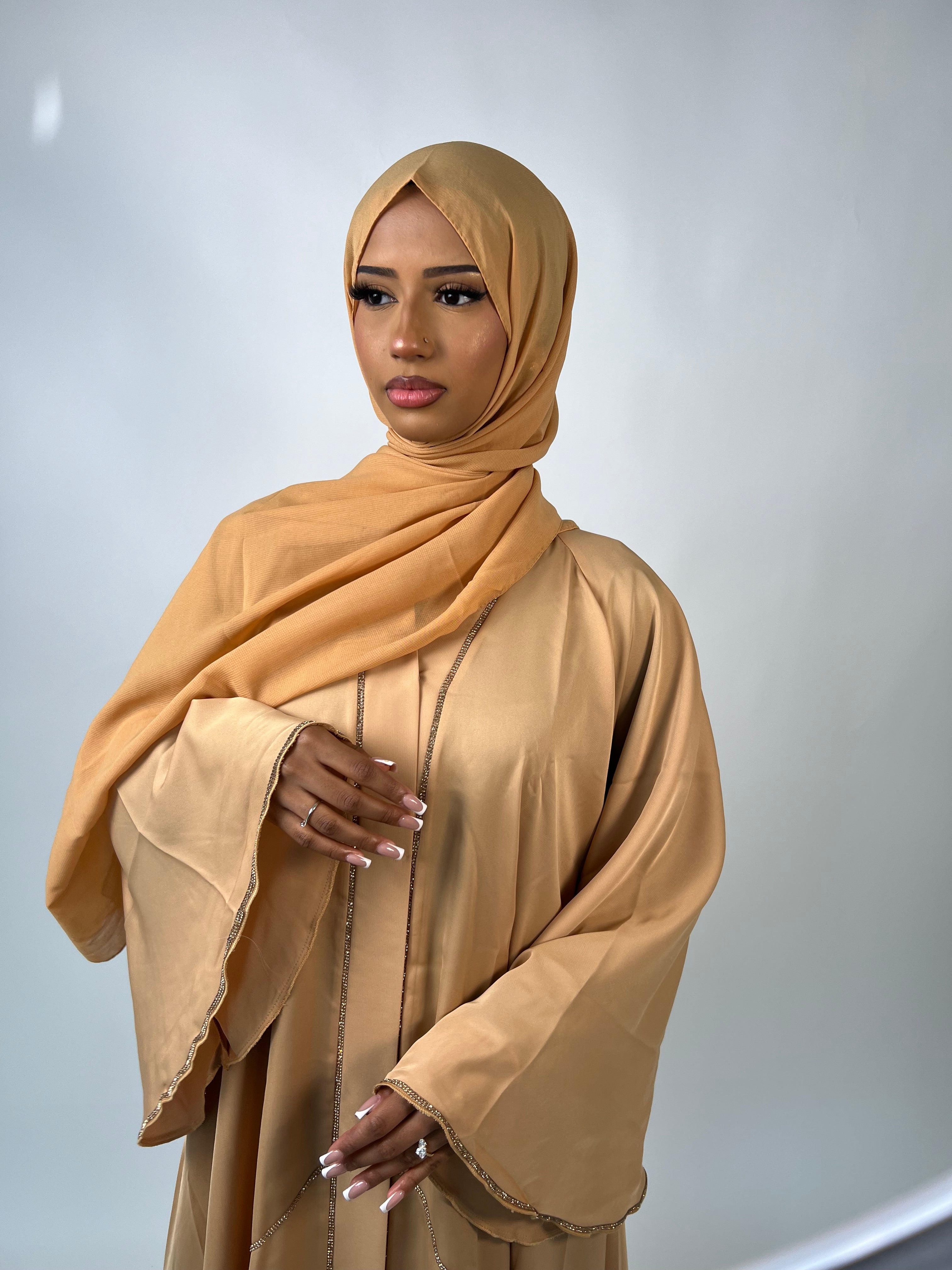 Embellished 3pc Button Butterfly Abaya Beige