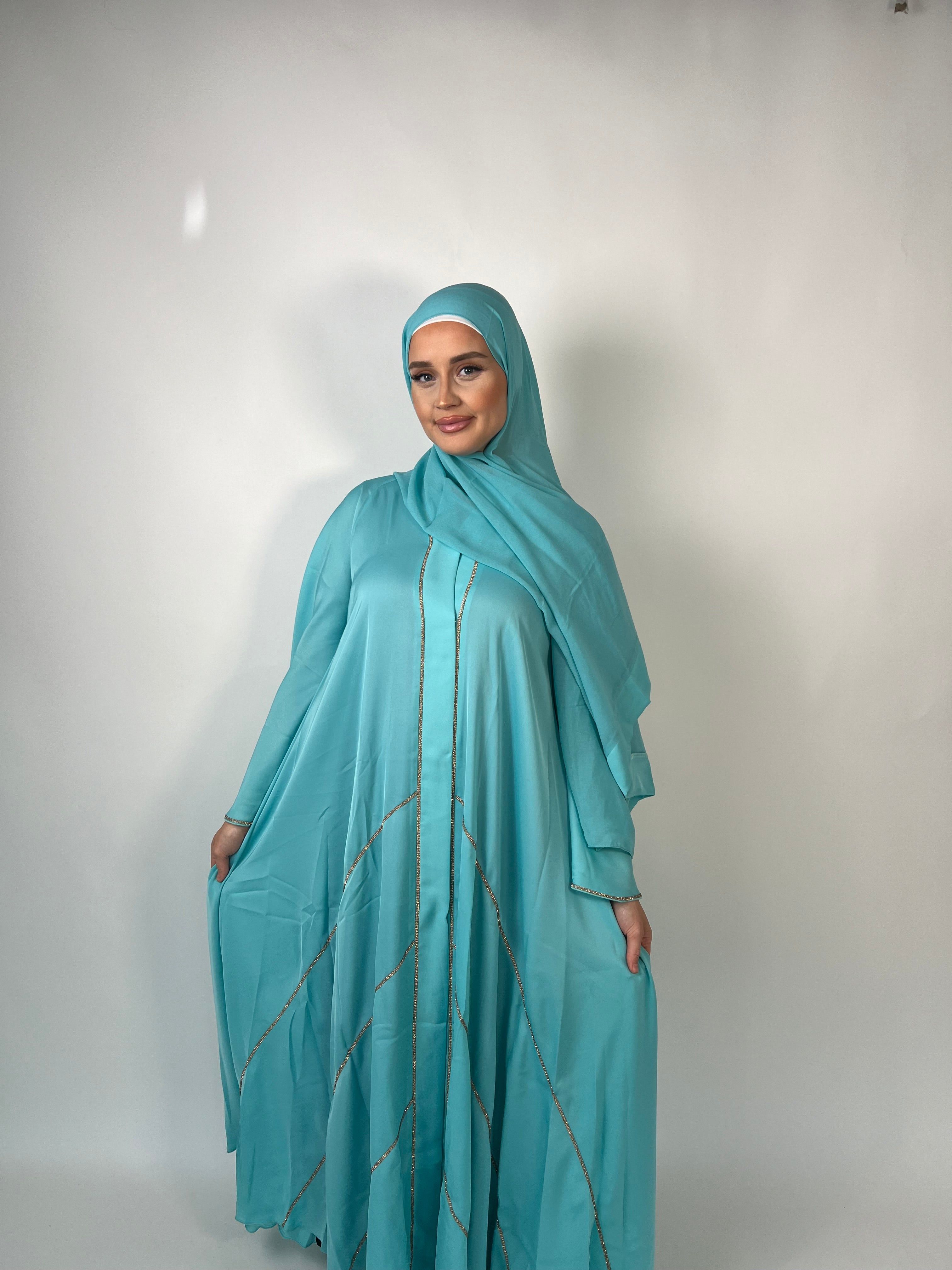 Embellished 3pc Button Butterfly Abaya Baby Blue