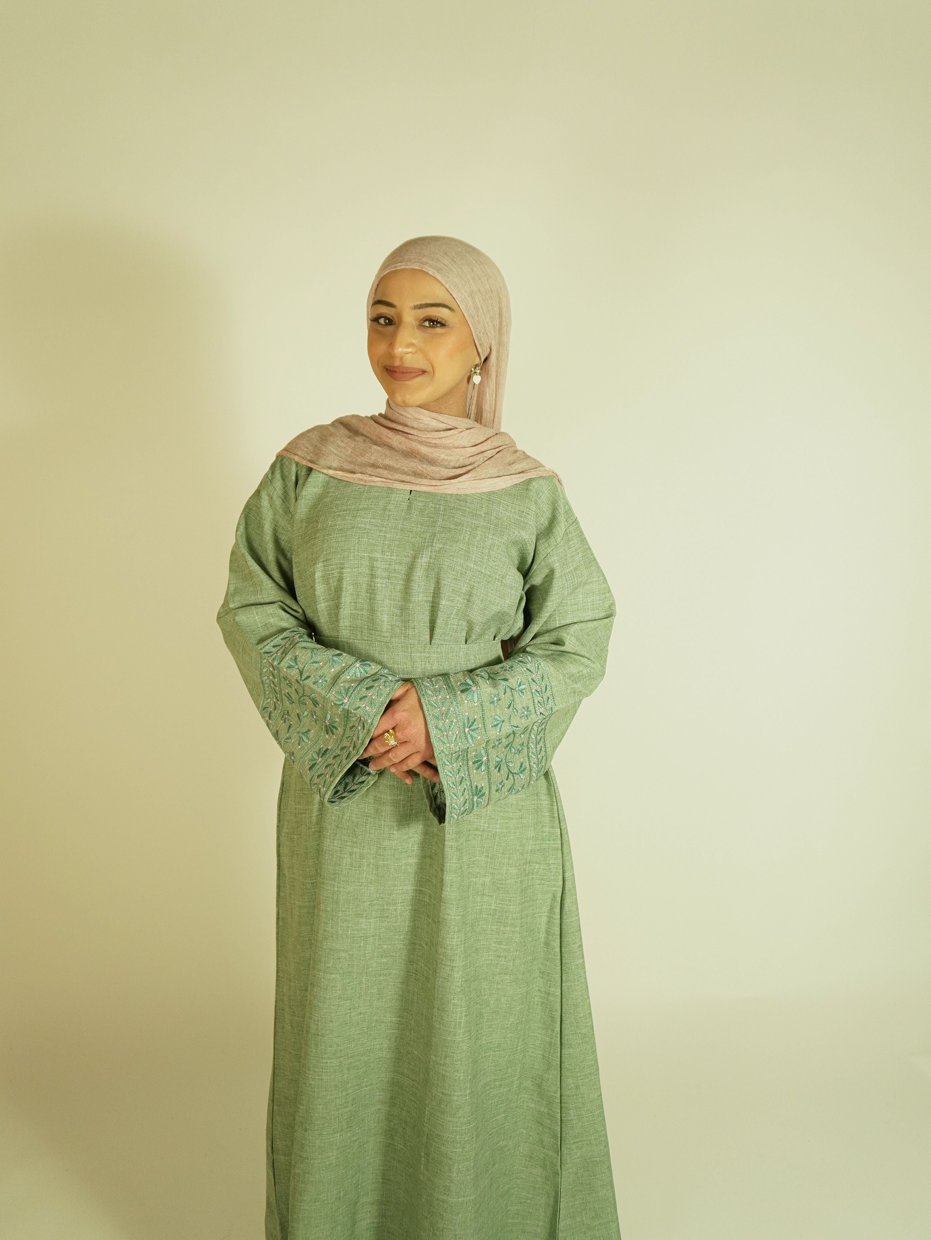 Matcha Linen Embroidered Abaya