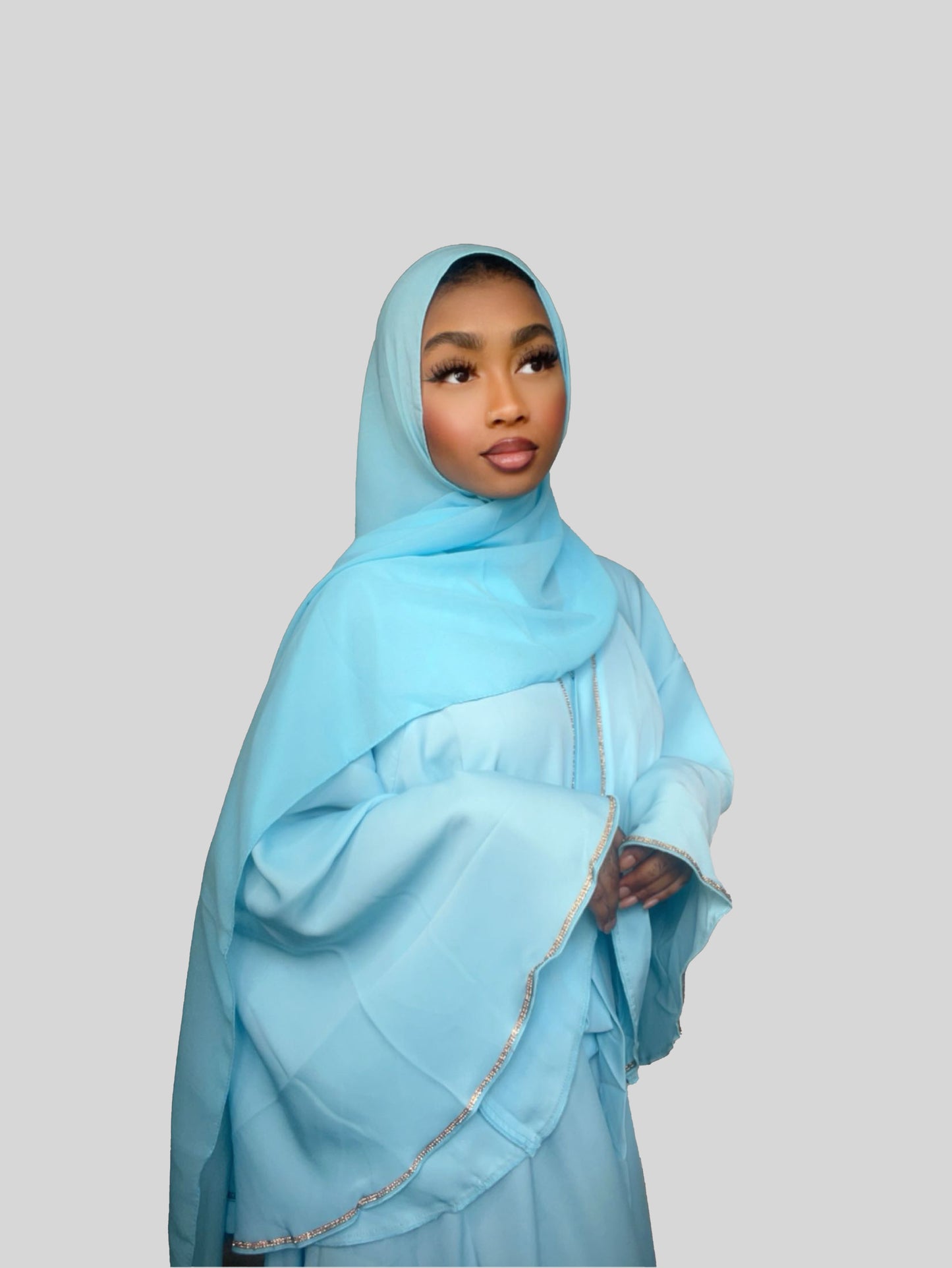 Embellished 3pc Button Butterfly Abaya Baby Blue