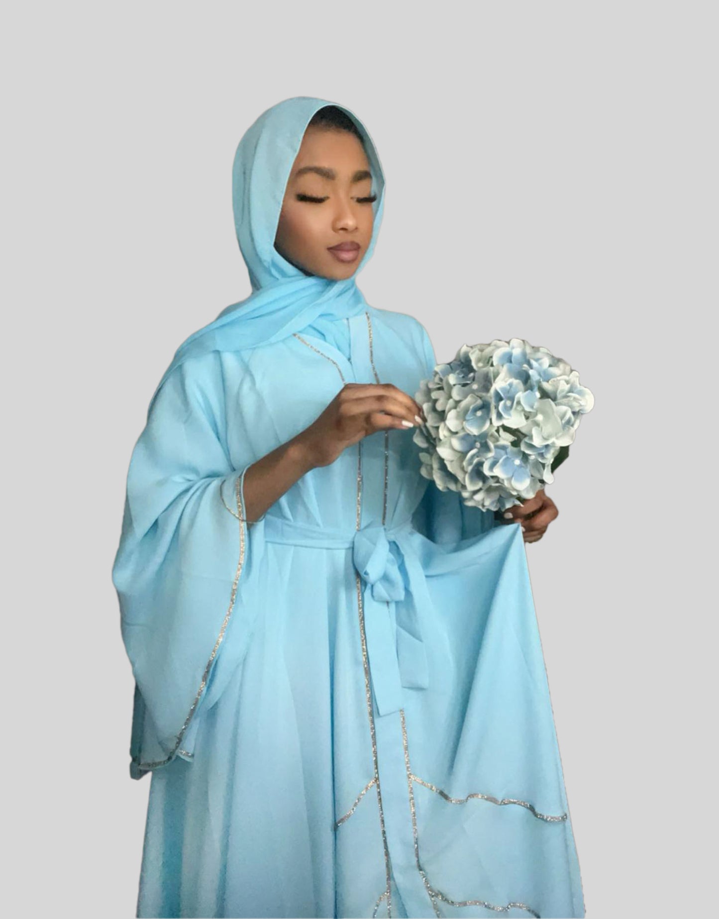 Embellished 3pc Button Butterfly Abaya Baby Blue