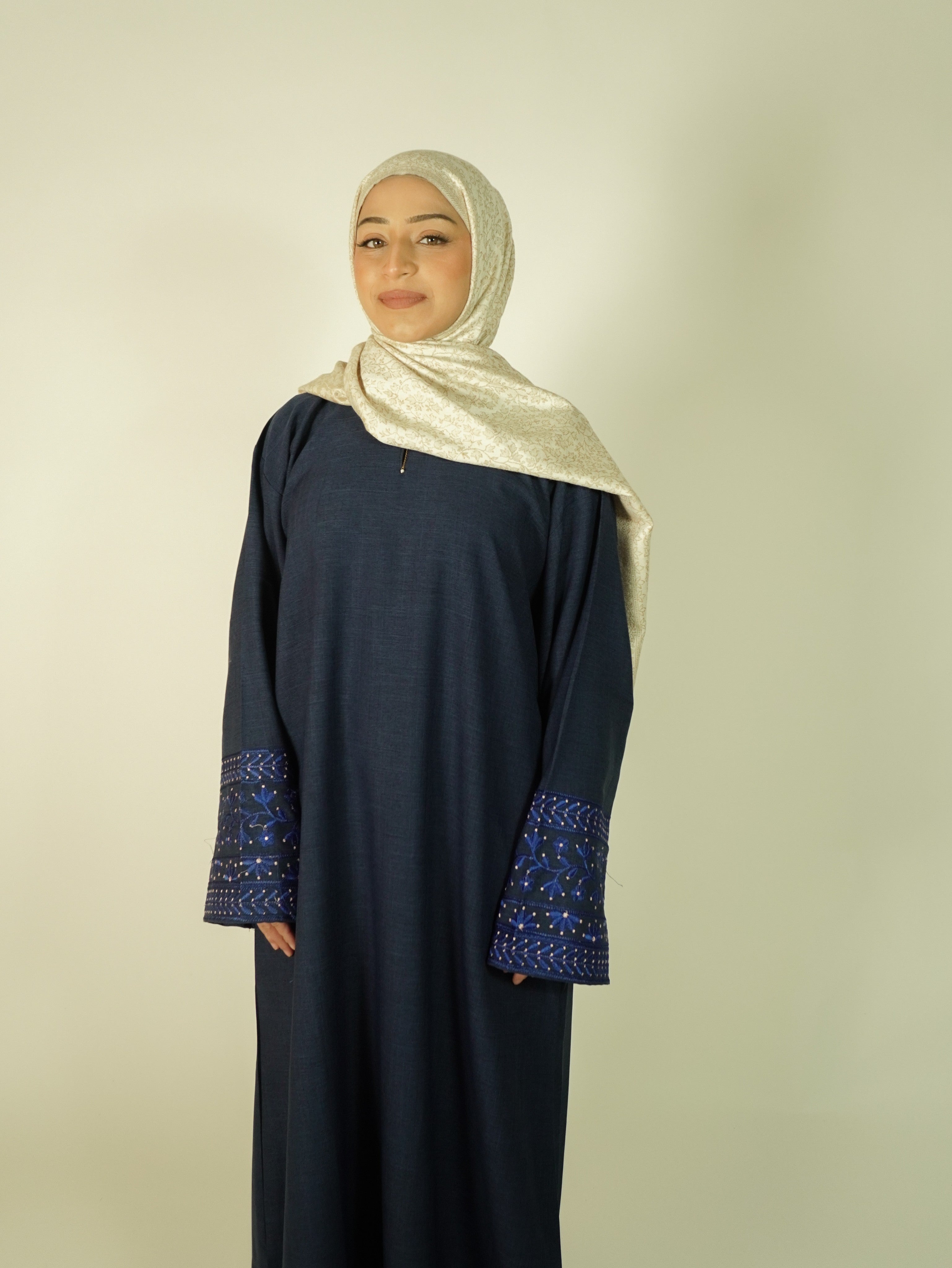 Berry Blue Linen Embroidered Abaya