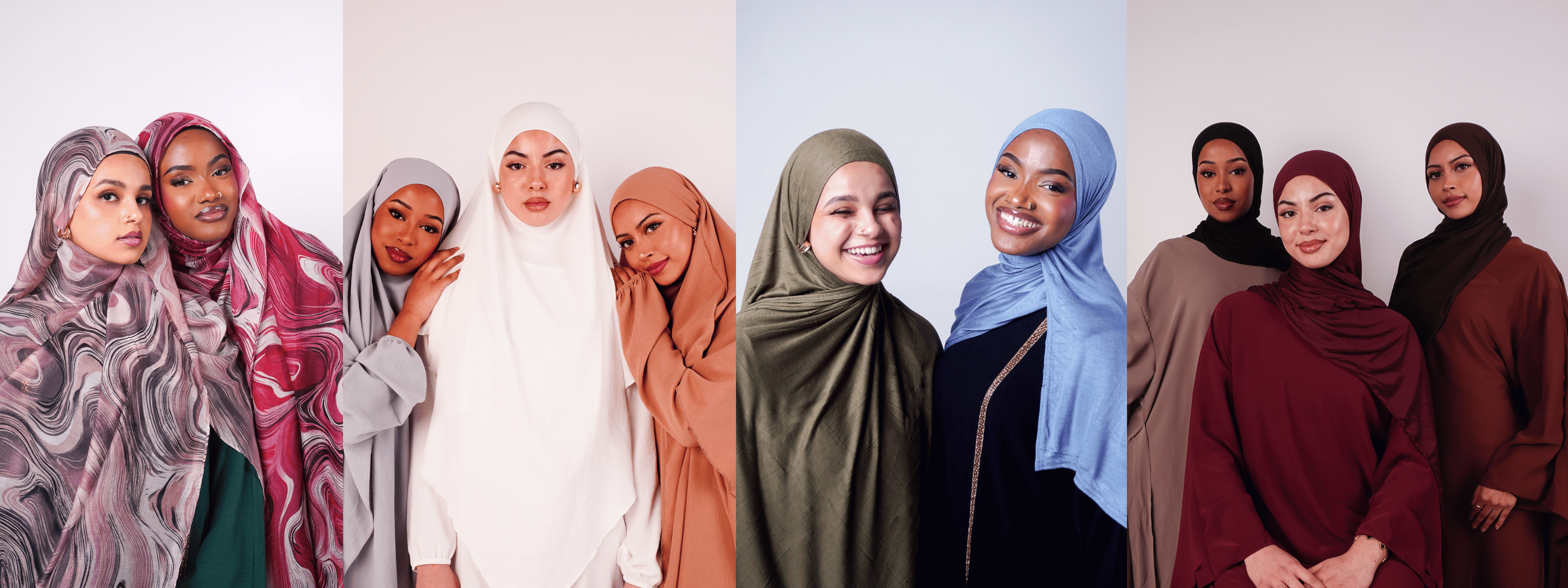Collage of women wearing hijabs in various colors against a white background