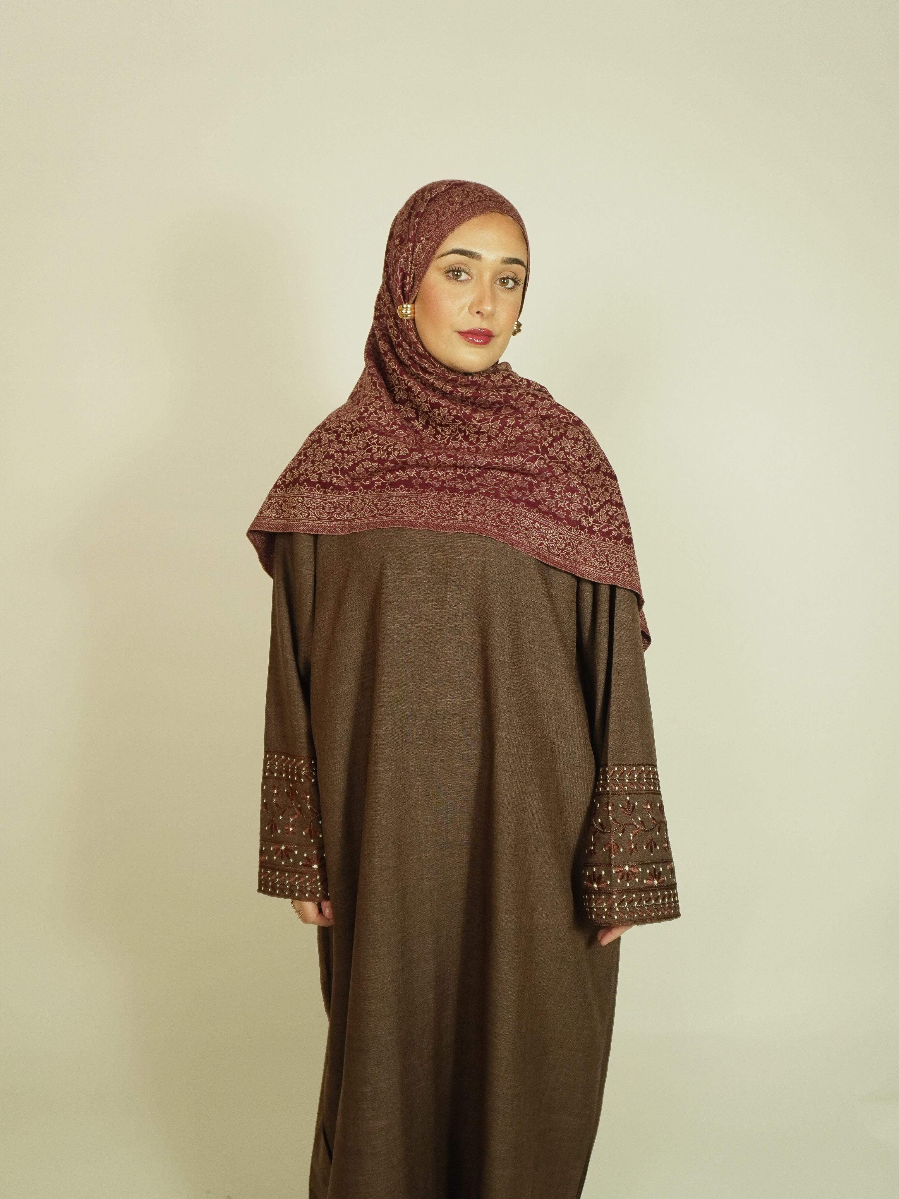 Cocoa Linen Embroidered Abaya