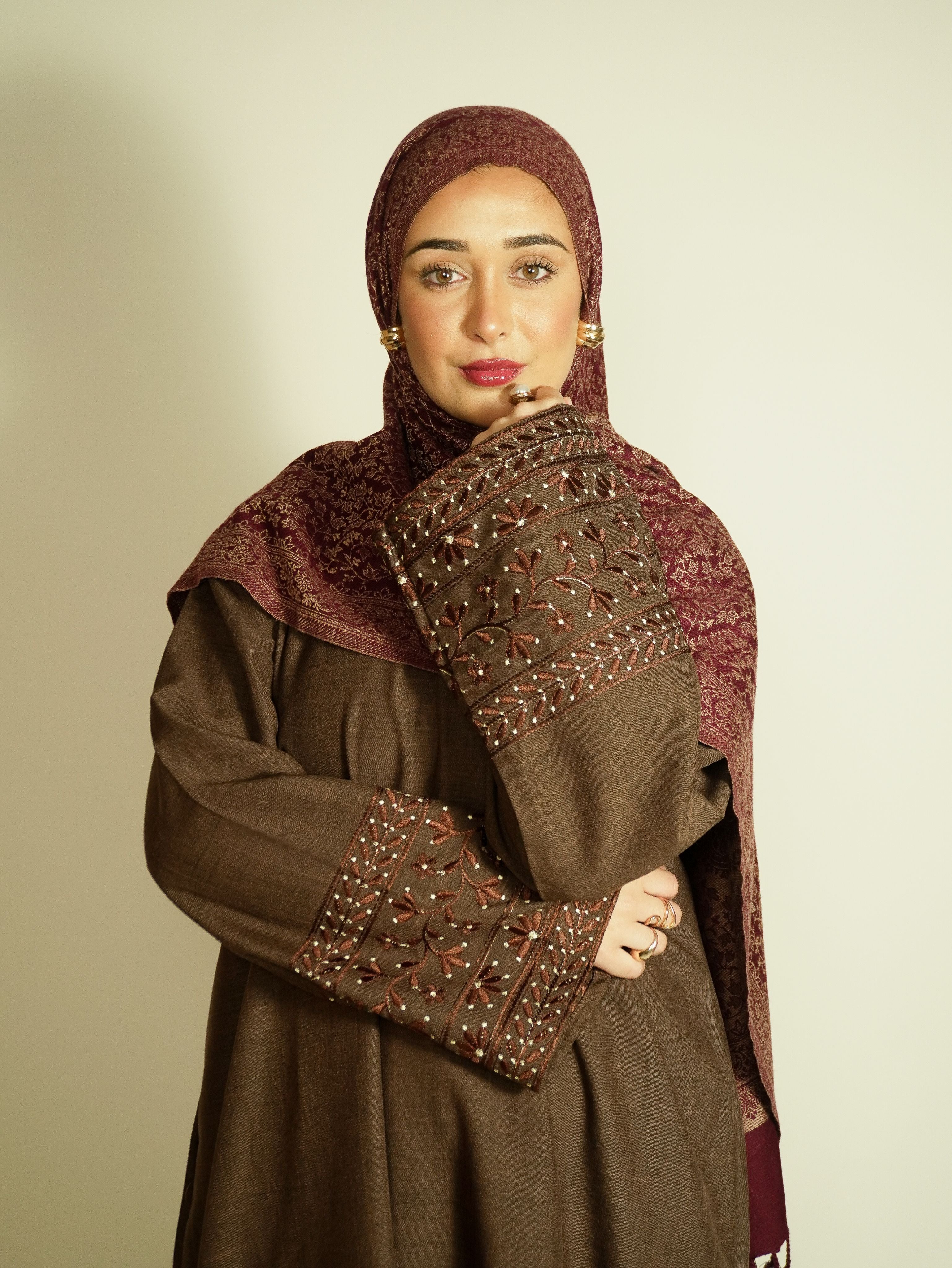 Cocoa Linen Embroidered Abaya