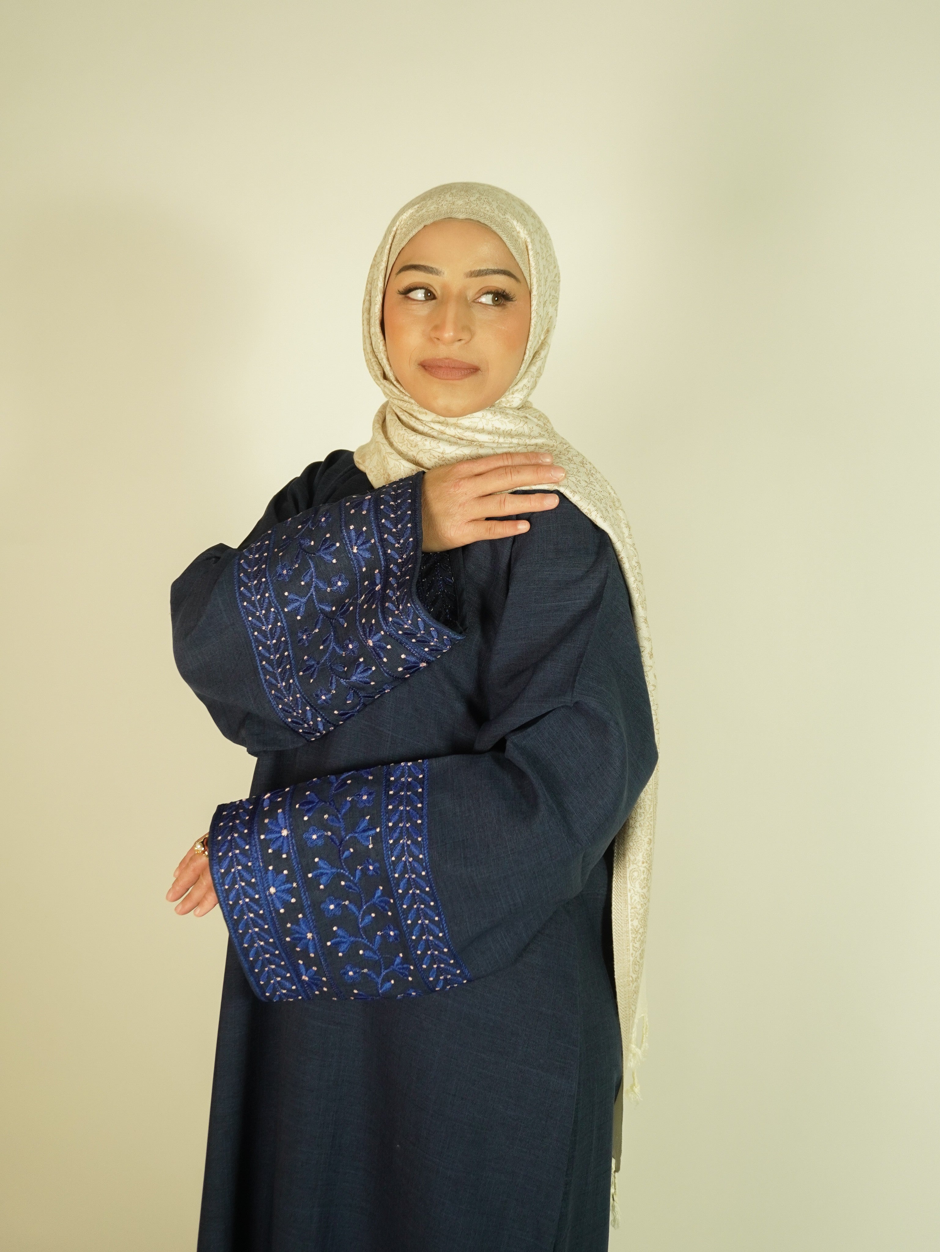 Berry Blue Linen Embroidered Abaya