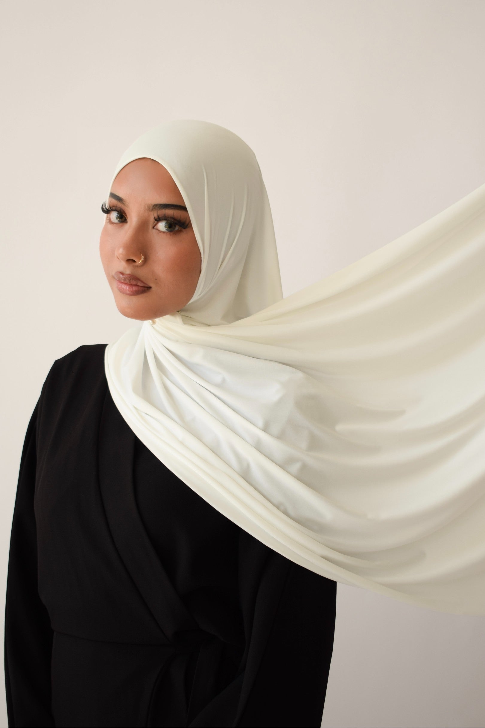 Milk liquid jersey hijab draped and styled