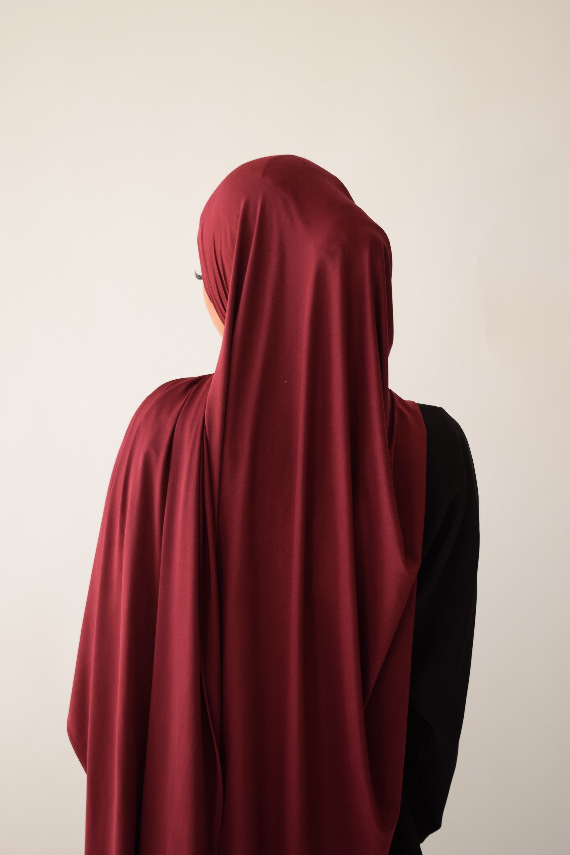 Wine liquid jersey hijab draped and styled
