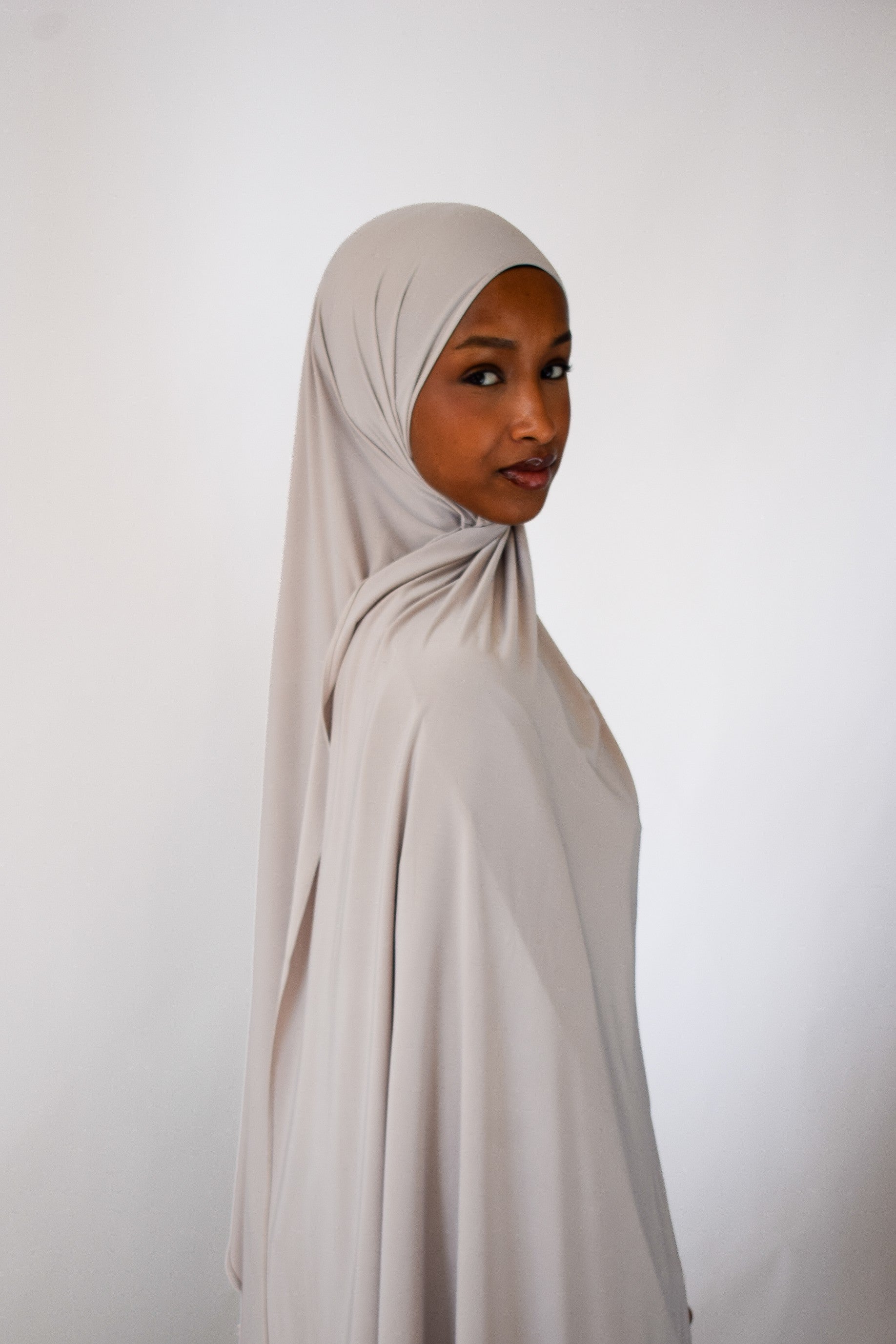 Cloud liquid jersey hijab draped and styled