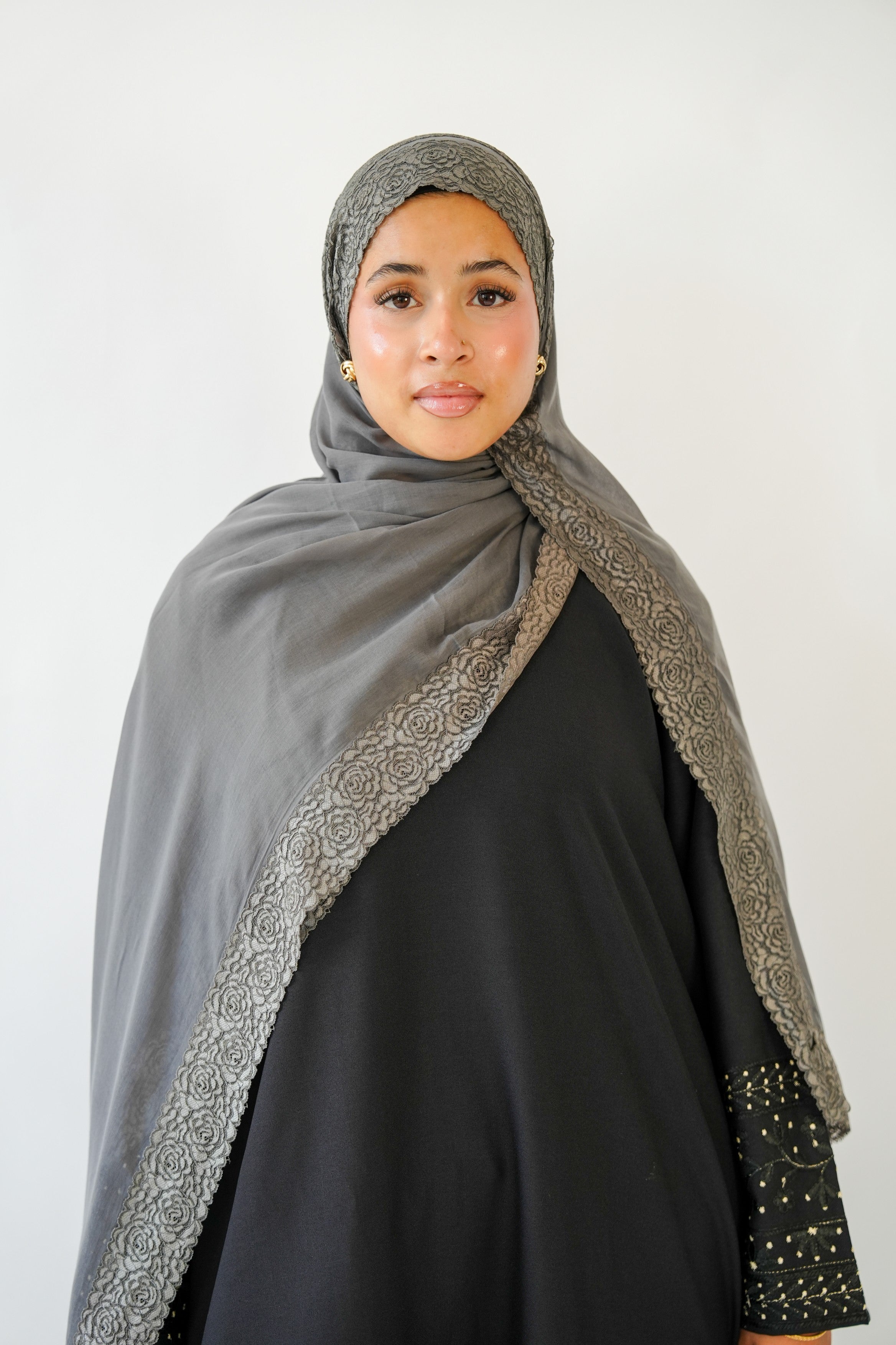 Steel grey lace modal hijab