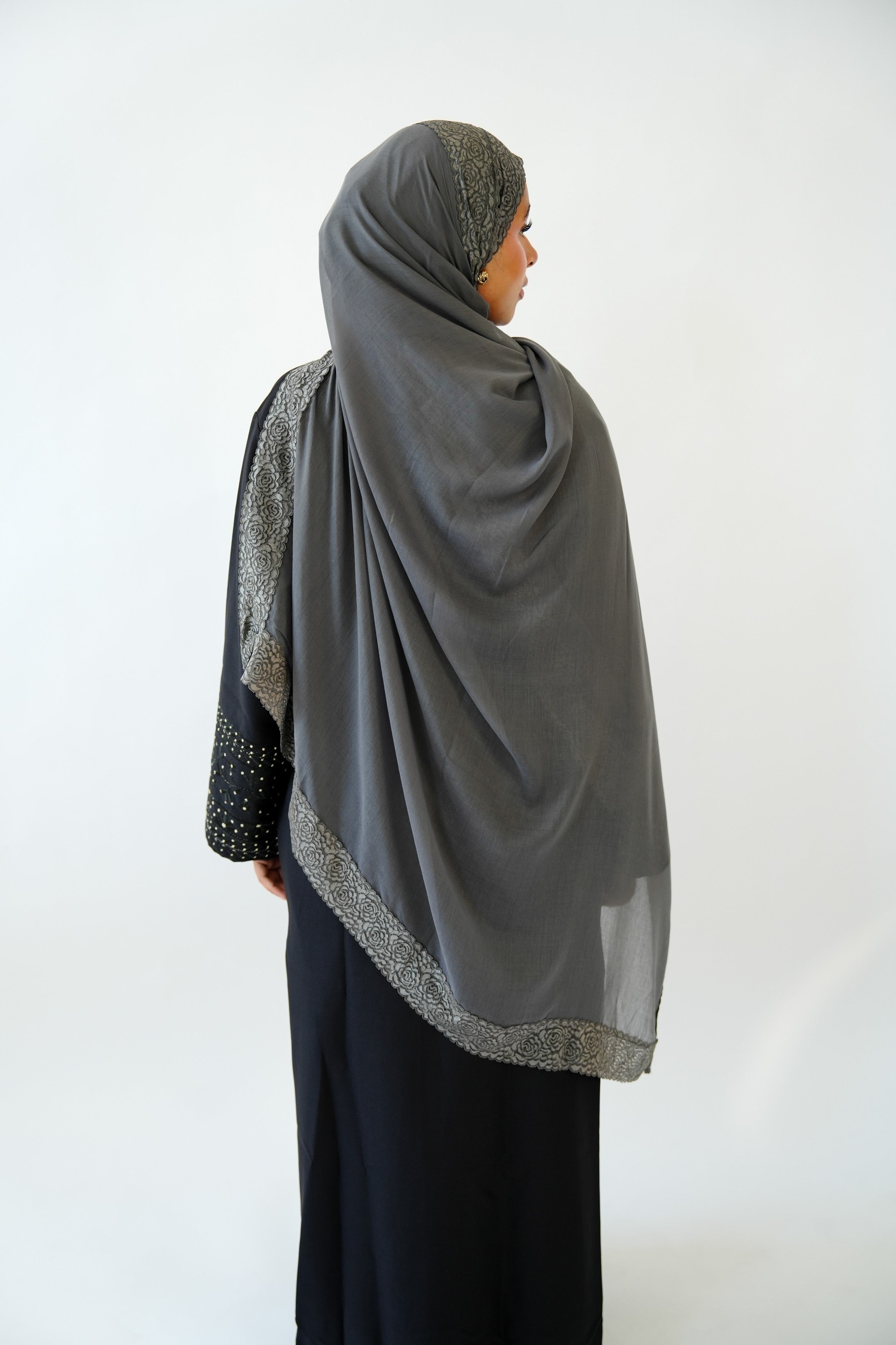 Steel grey lace modal hijab draped and styled